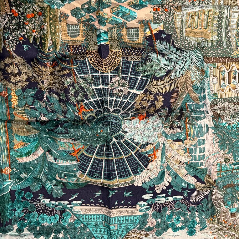 hermes annie faivre jardin l'hiver 90 silk scarf blue - Picture 3 of 6